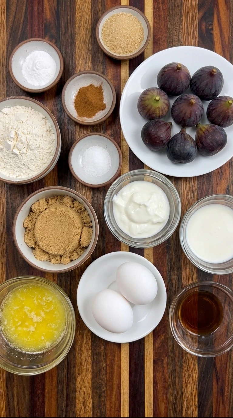 Measured ingredients for homemade Fig Muffins in separate containers