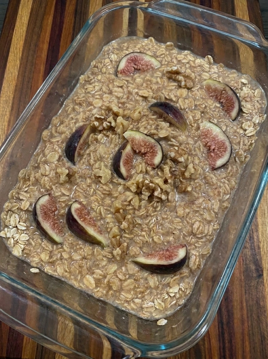 Unbaked Fig Oatmeal Bake in a ceramic dish