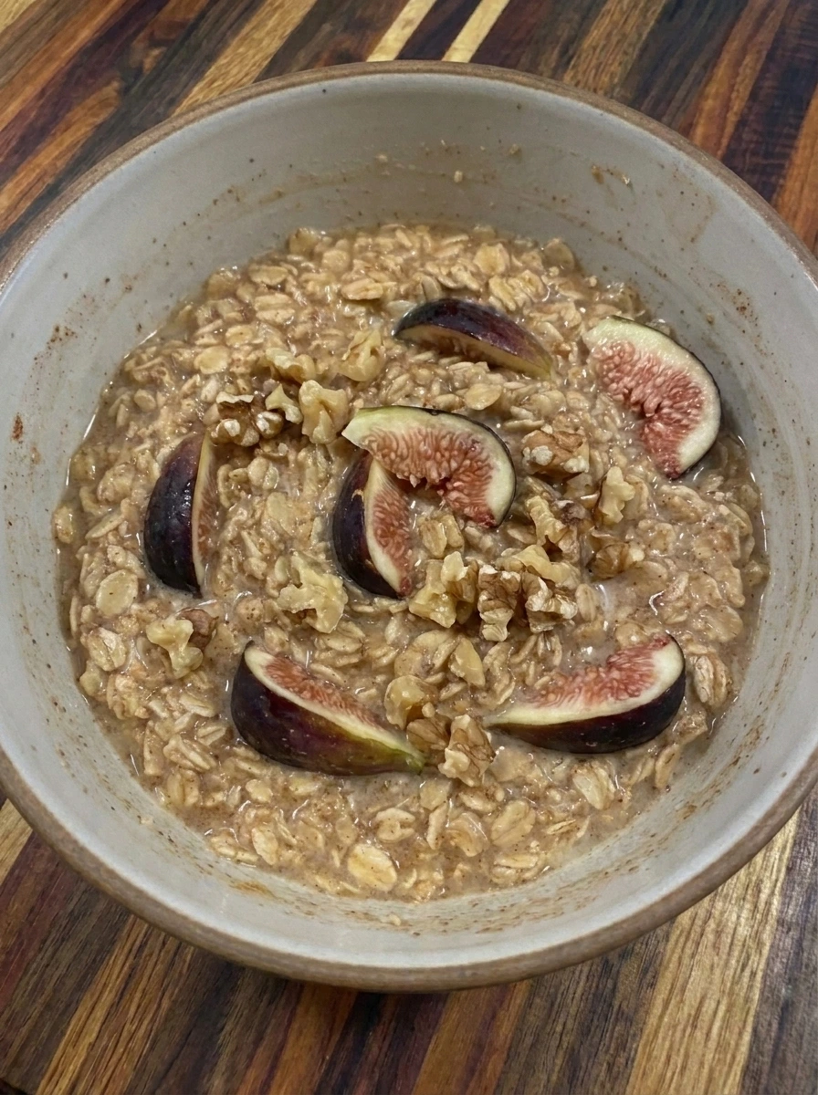 Fresh figs and walnuts folded into oatmeal mixture