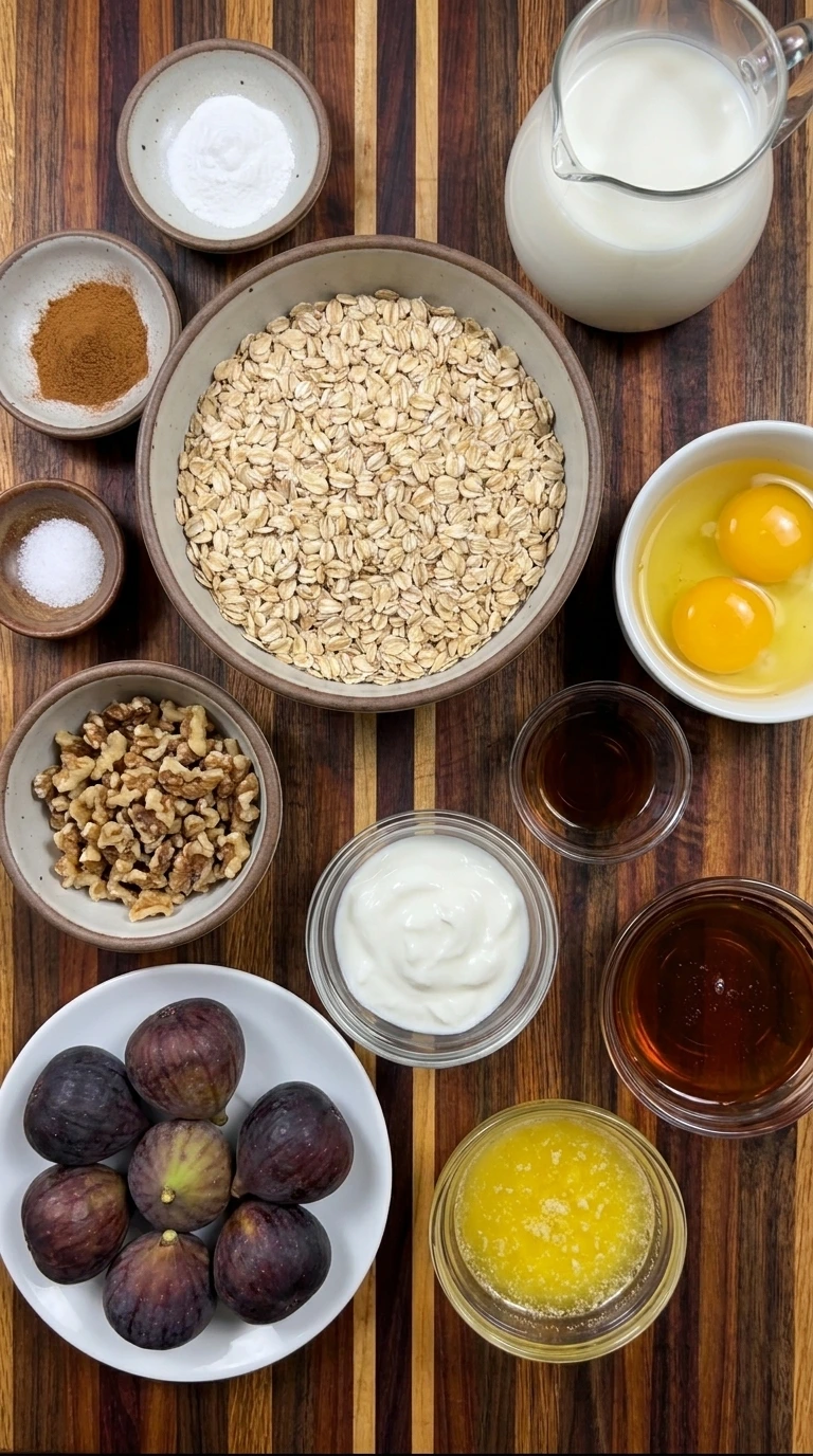 Ingredients for Fig Oatmeal Bake arranged in separate bowls