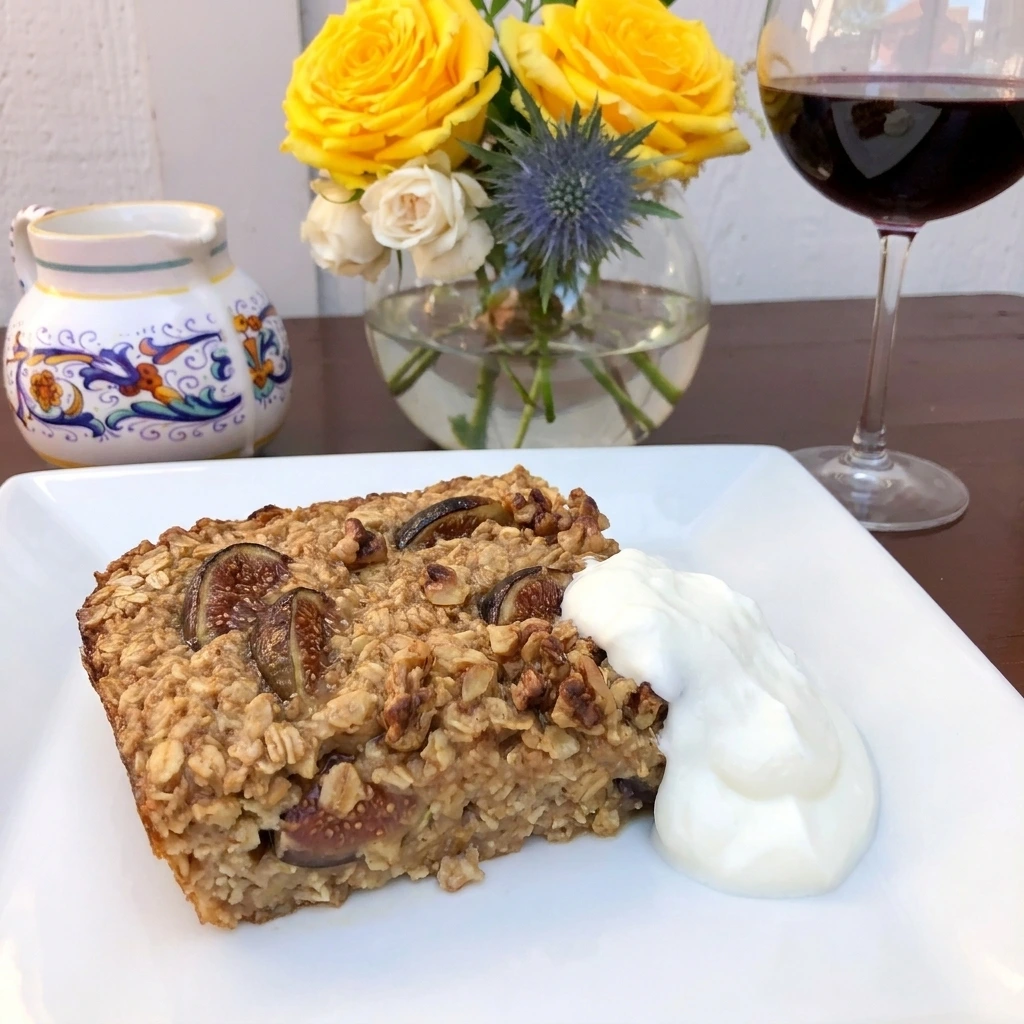 Single serving of Fig Oatmeal Bake with Greek yogurt