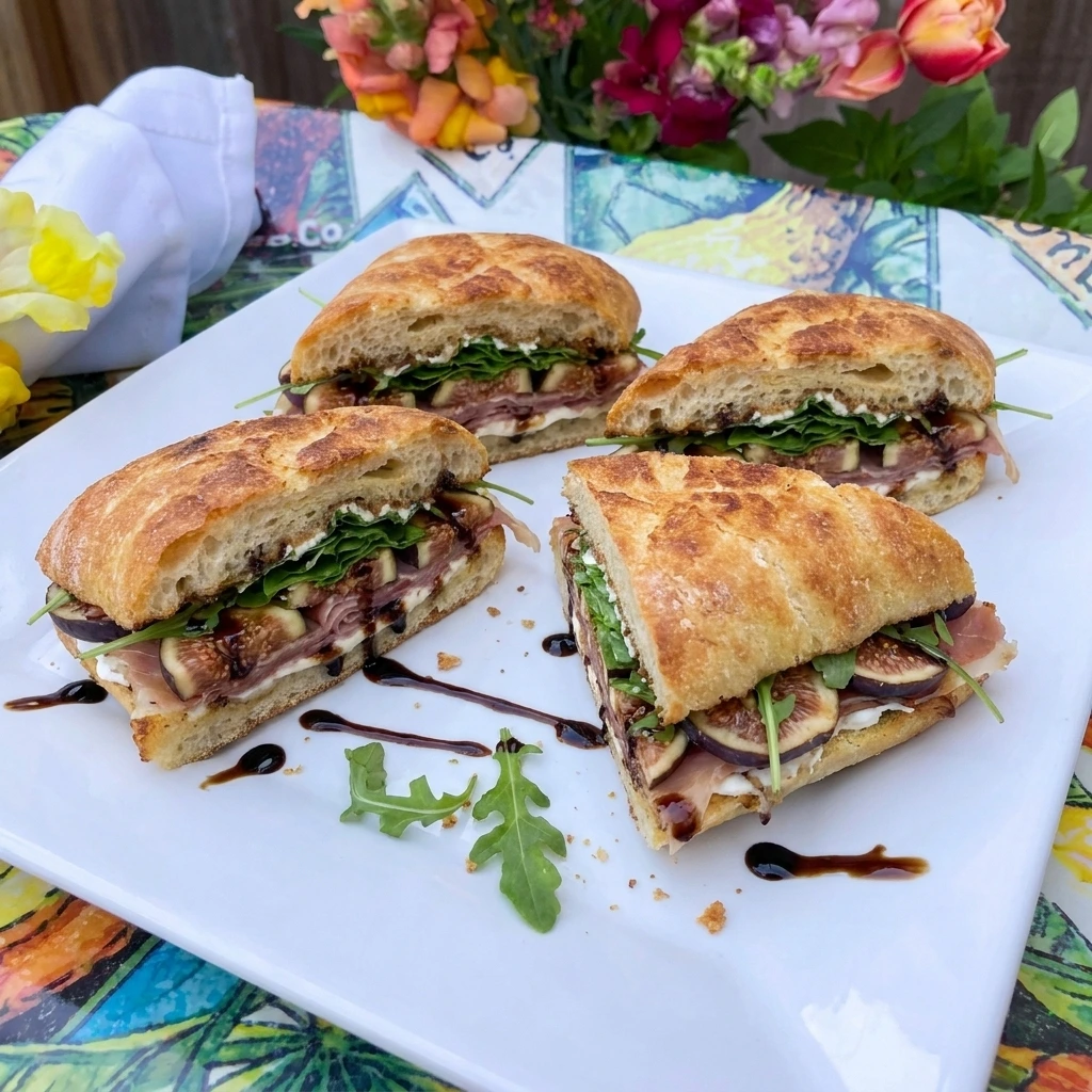 Fig Prosciutto Sandwich with goat cheese and arugula on toasted ciabatta