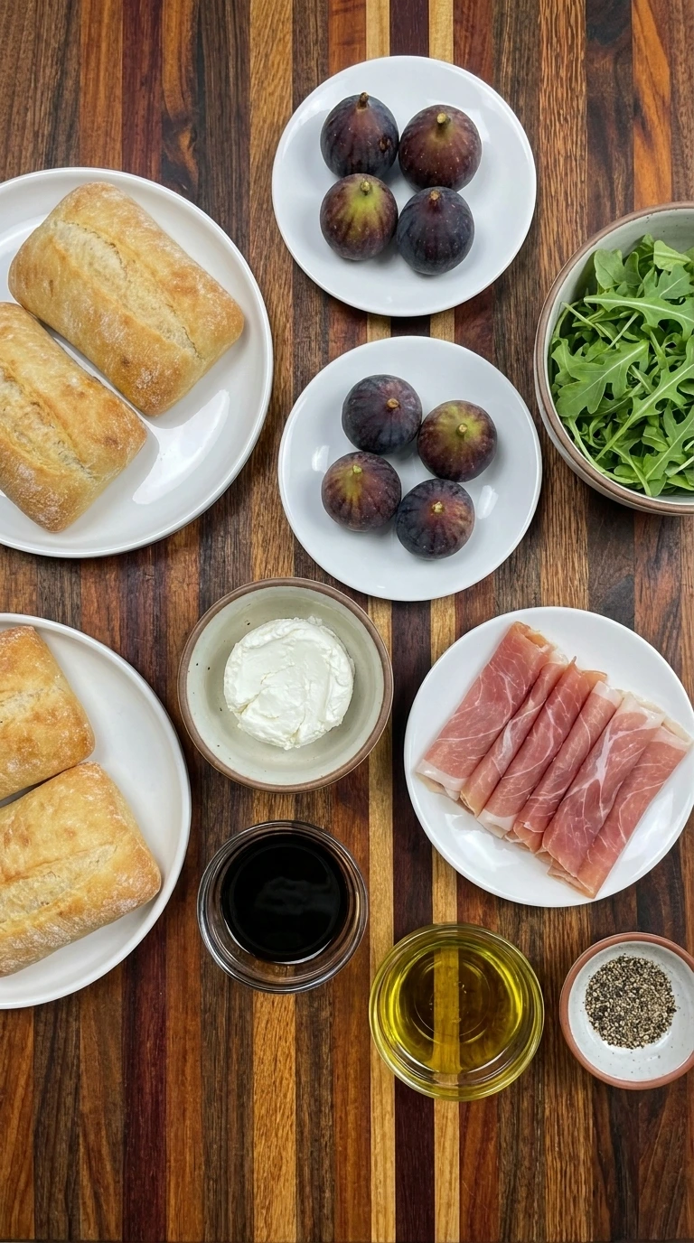 Ingredients for Fig Prosciutto Sandwich arranged in separate containers