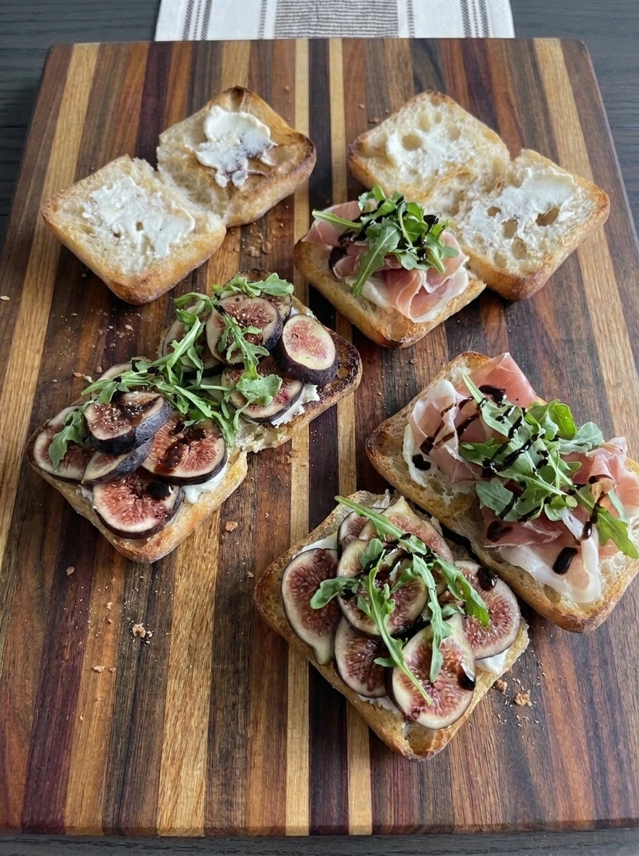 Prosciutto and arugula layered over figs and goat cheese