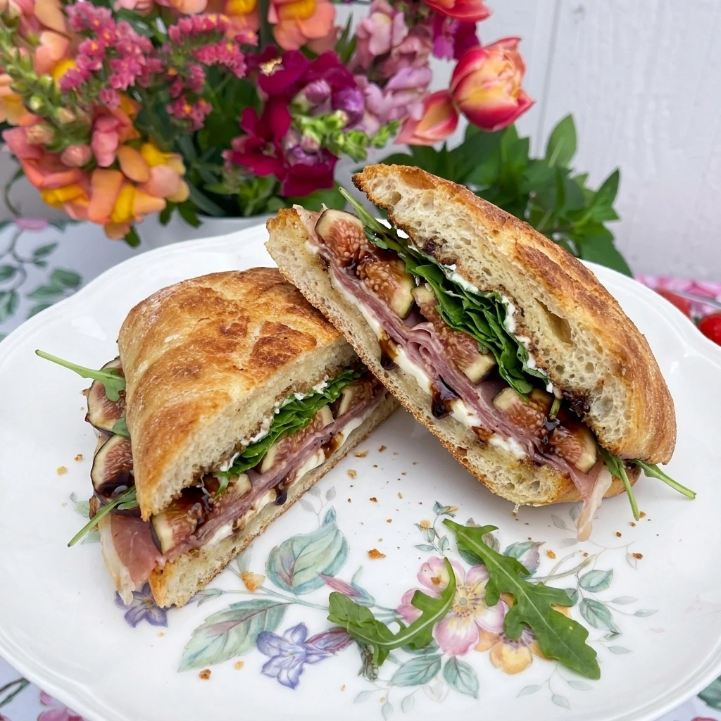 Cut Fig Prosciutto Sandwich served on a white plate