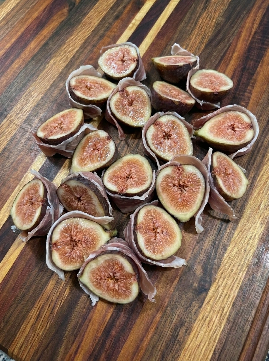 Prosciutto folded around fig halves for Fig Prosciutto Skewers