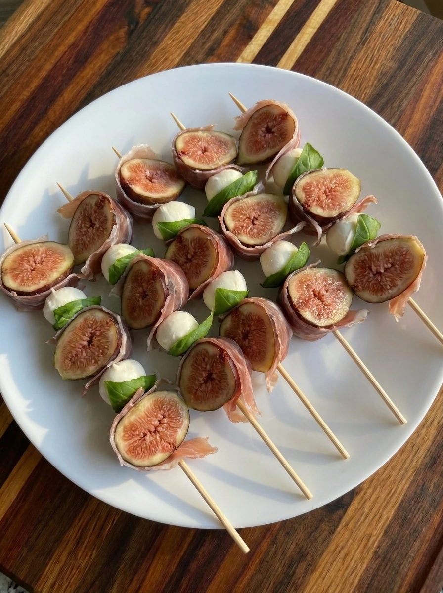 Fig Prosciutto Skewers threaded with mozzarella and basil