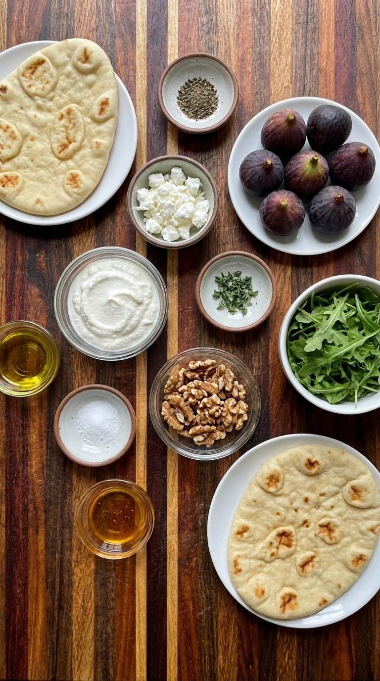 Ingredients for Fig Walnut Flatbread in separate small containers