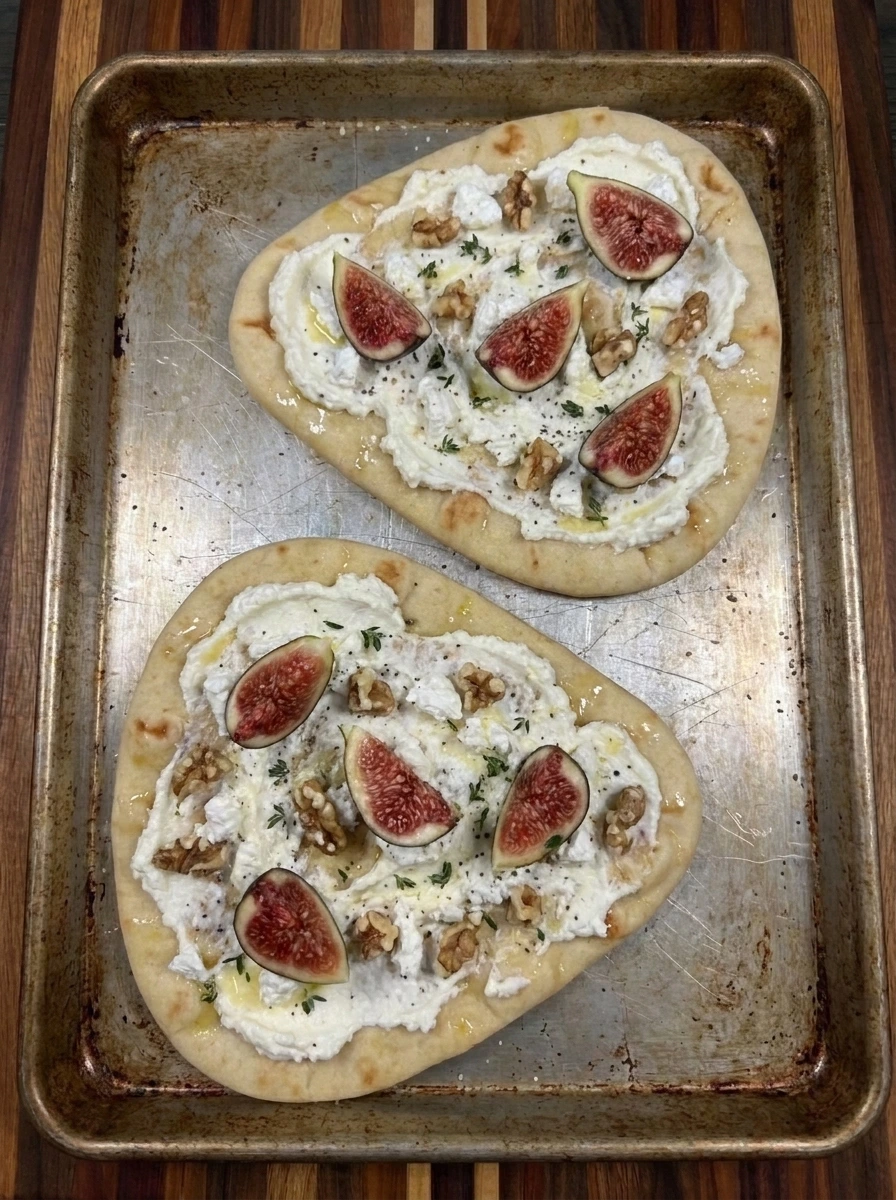 Fresh figs and walnuts layered on cheese covered flatbreads