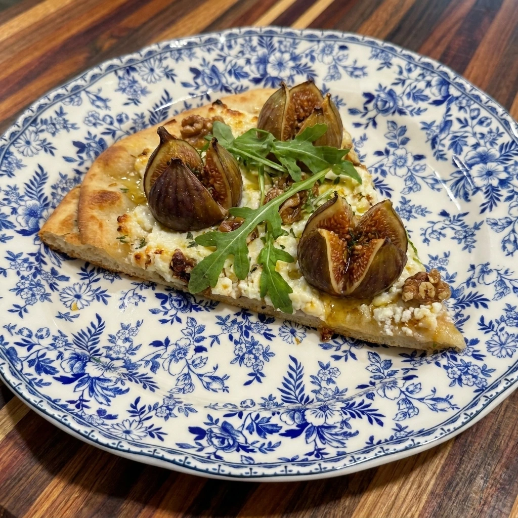 Single slice of Fig Walnut Flatbread with arugula and honey