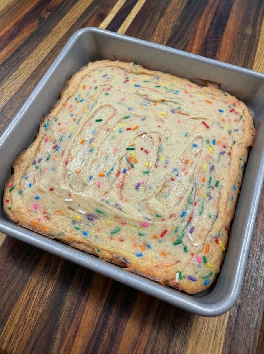 Baked funfetti snack cake with lightly golden edges