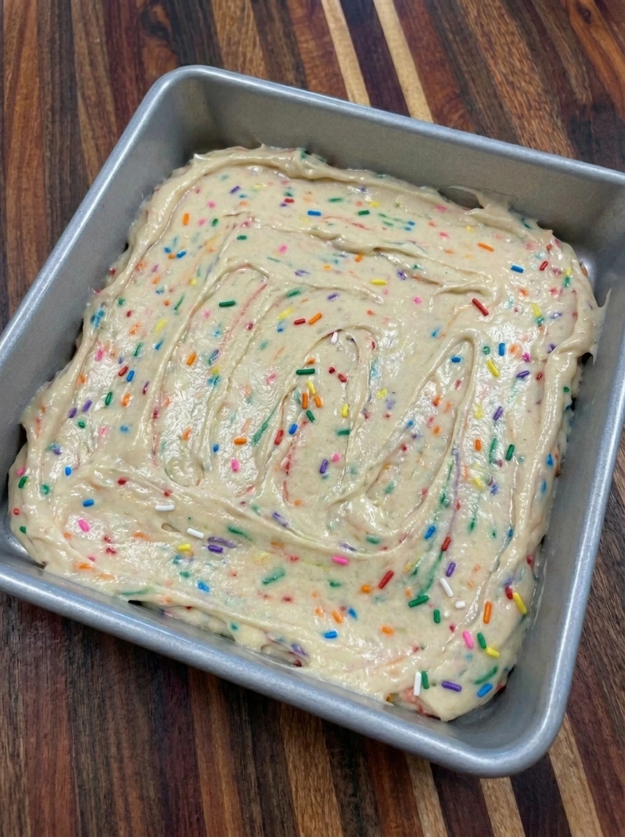 Funfetti batter spread in a cake pan before baking