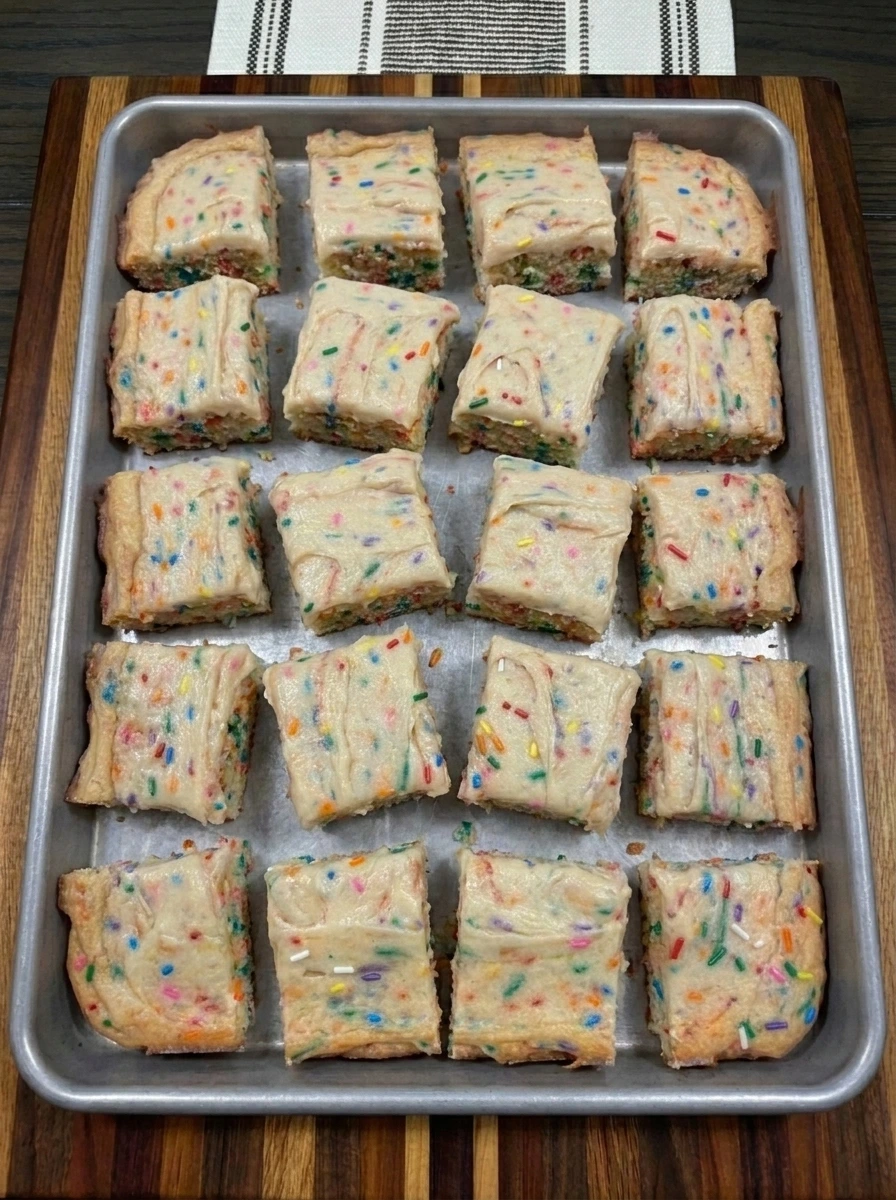 Frosted Funfetti Snack Cake Bites cut into sixteen pieces