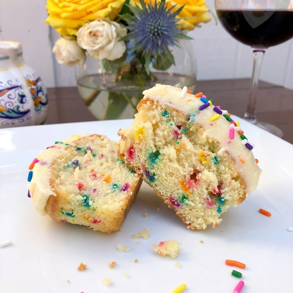 Single Funfetti Snack Cake Bite showing soft colorful interior