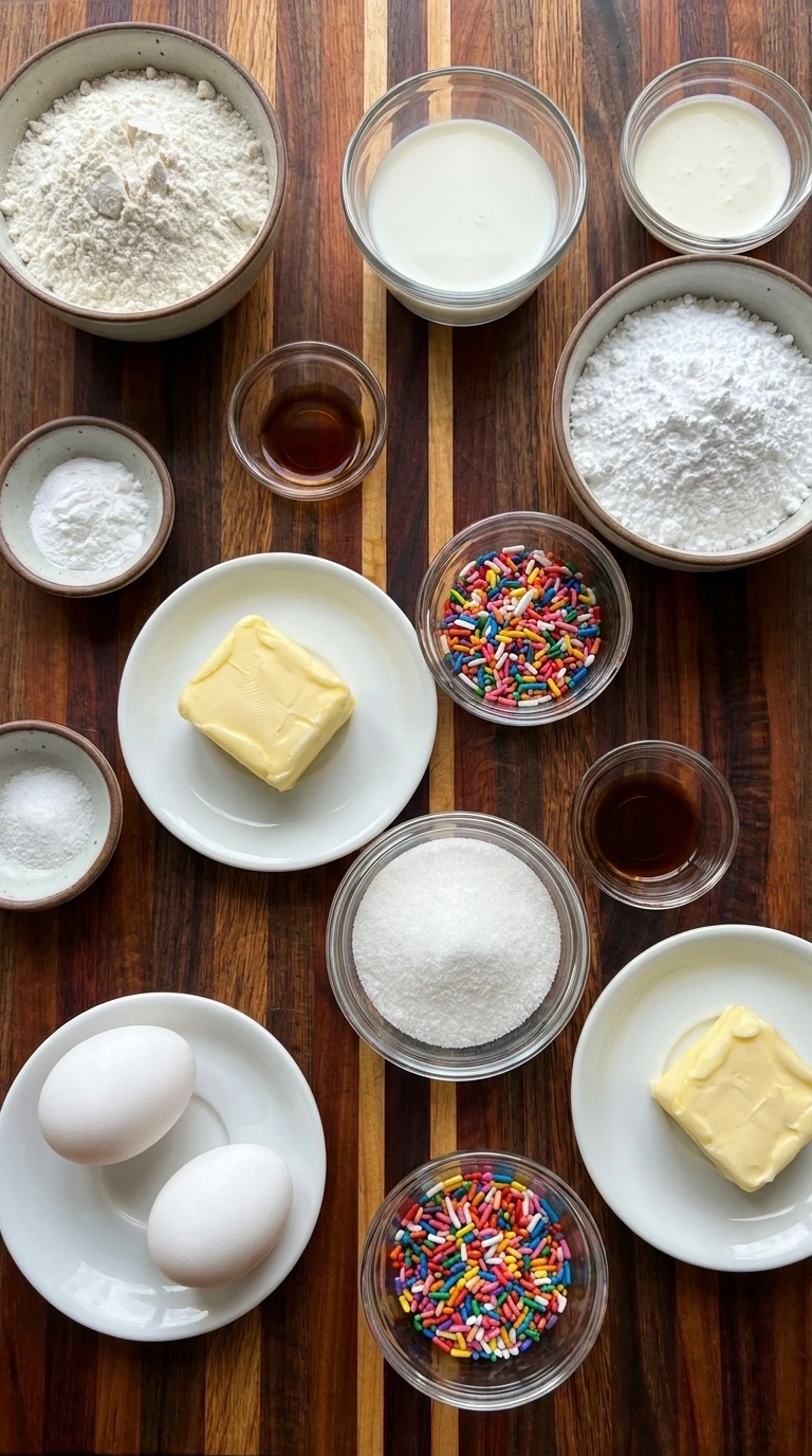 Ingredients for Funfetti Snack Cake Bites in separate small containers