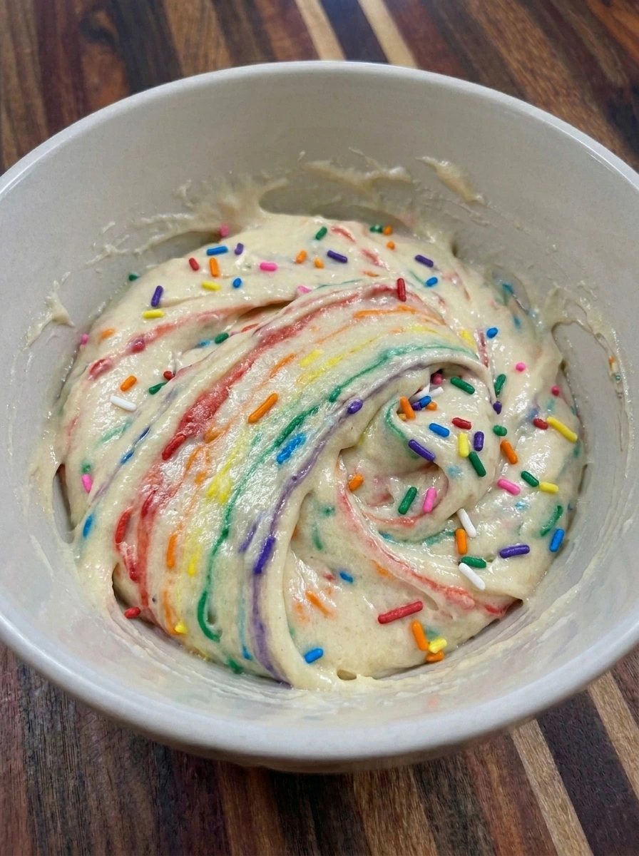 Rainbow sprinkles folded into Funfetti Snack Cake Bites batter
