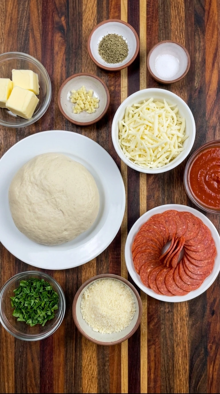 Ingredients for Garlic Butter Pizza Roll-Ups arranged in separate containers