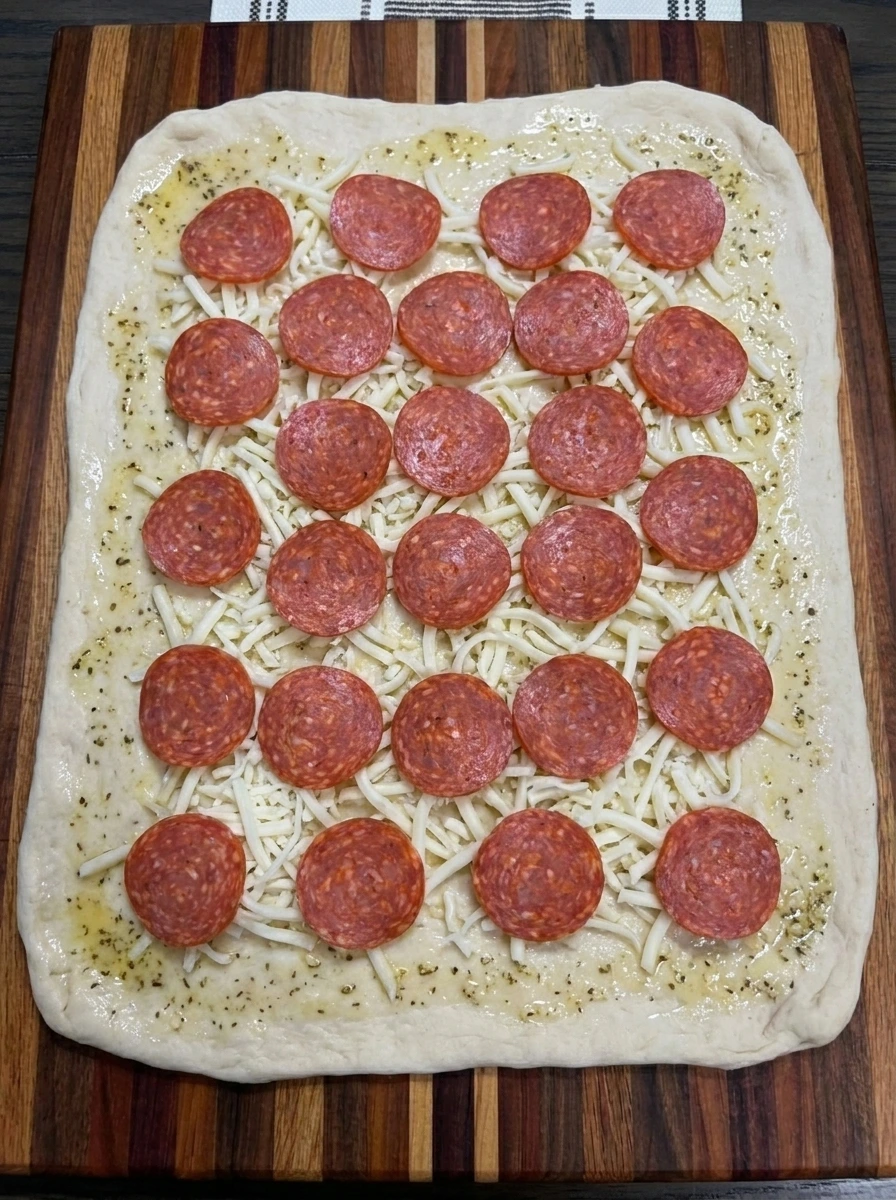 Pizza dough layered with mozzarella and twenty four pepperoni slices
