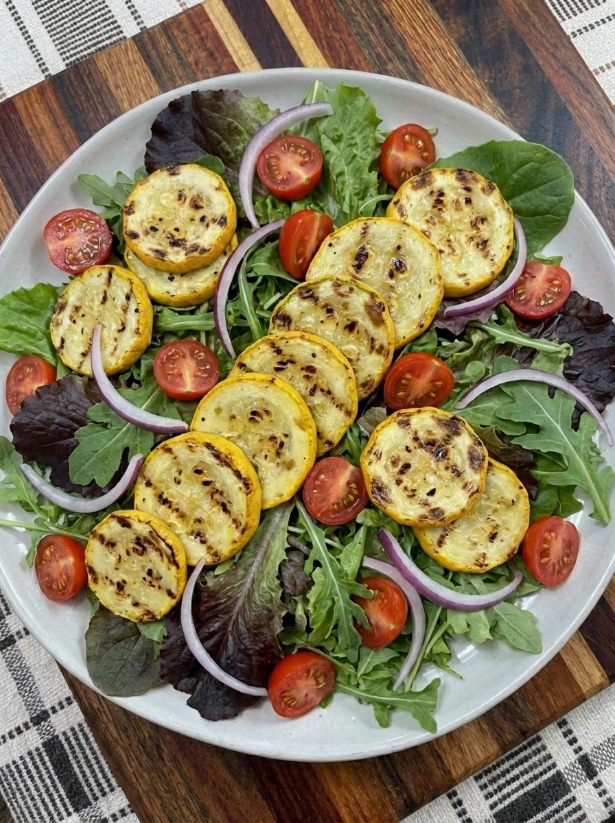 Greens layered with grilled patty pan squash tomatoes and red onion