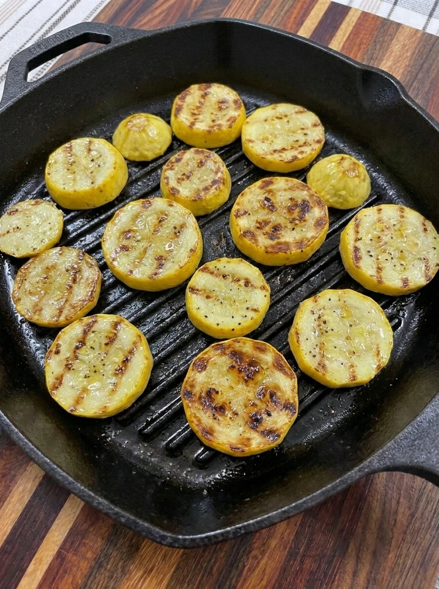 Patty pan squash rounds with golden color and uneven grill marks