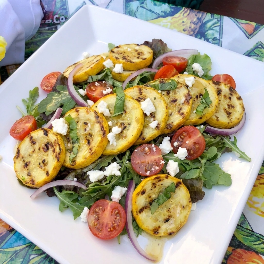 Grilled Patty Pan Squash Salad with charred squash tomatoes feta and greens