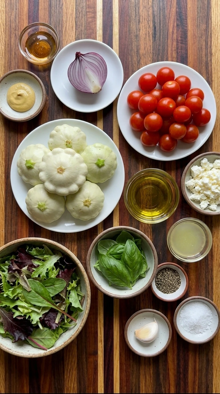 Ingredients for Grilled Patty Pan Squash Salad in separate small containers