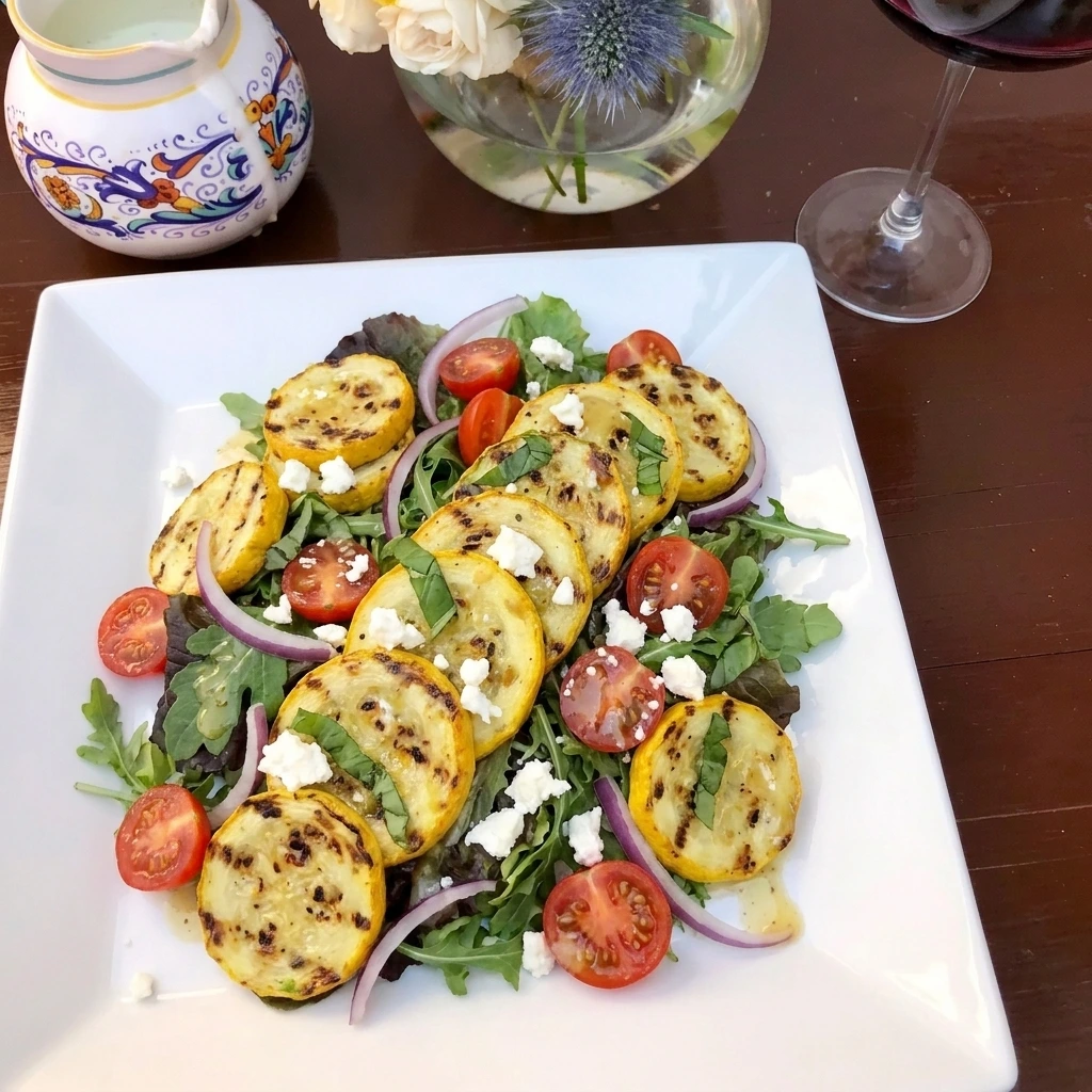 Single serving of Grilled Patty Pan Squash Salad with feta and basil