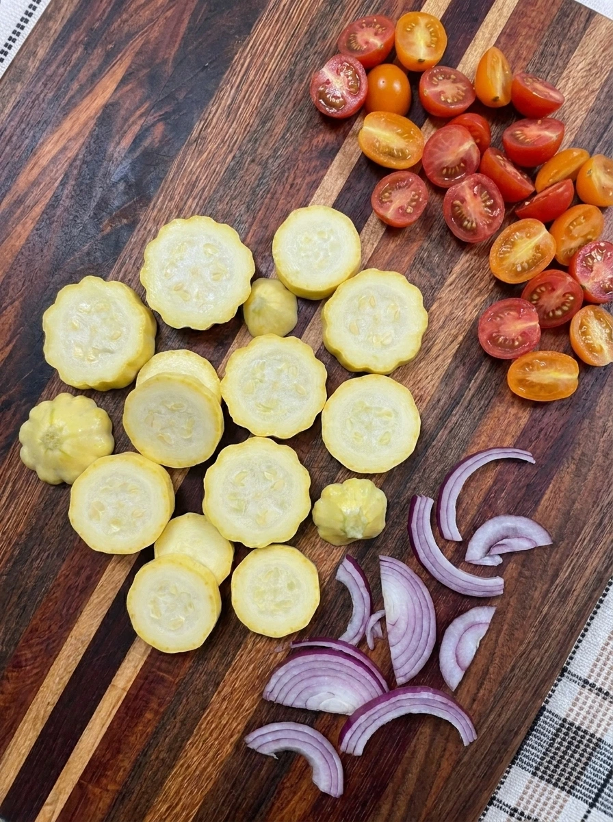 Sliced patty pan squash tomatoes and red onion for grilled salad