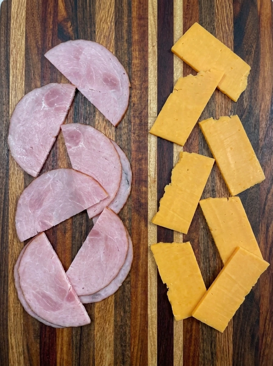 Eight ham portions and eight cheddar portions cut for crescent bites