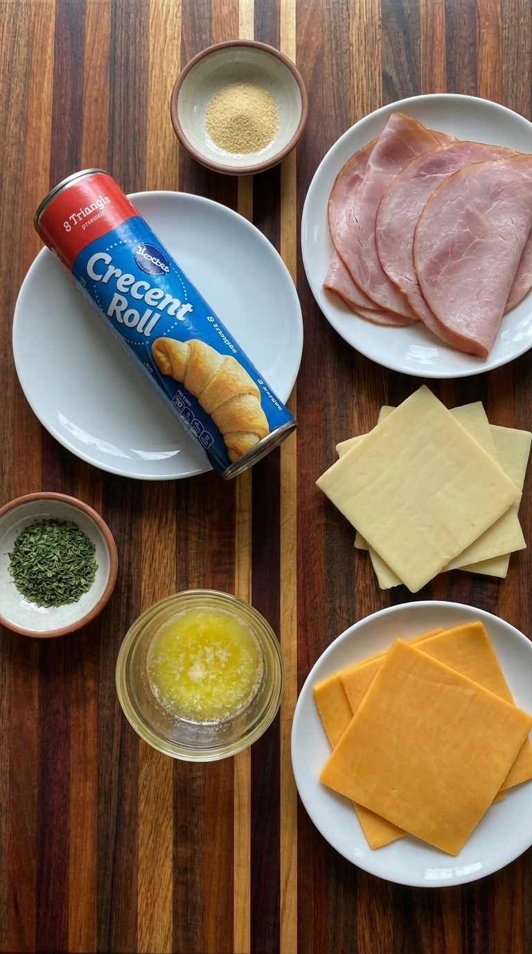 Ingredients for Ham and Cheese Crescent Bites in separate containers