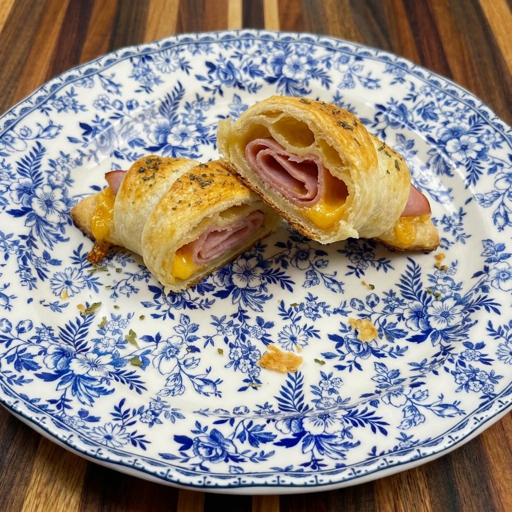 Cut Ham and Cheese Crescent Bite showing melted cheddar and ham