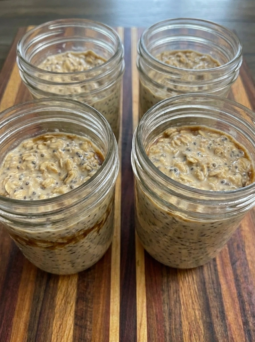 Chilled Maple Brown Sugar Overnight Oats thickened in jars