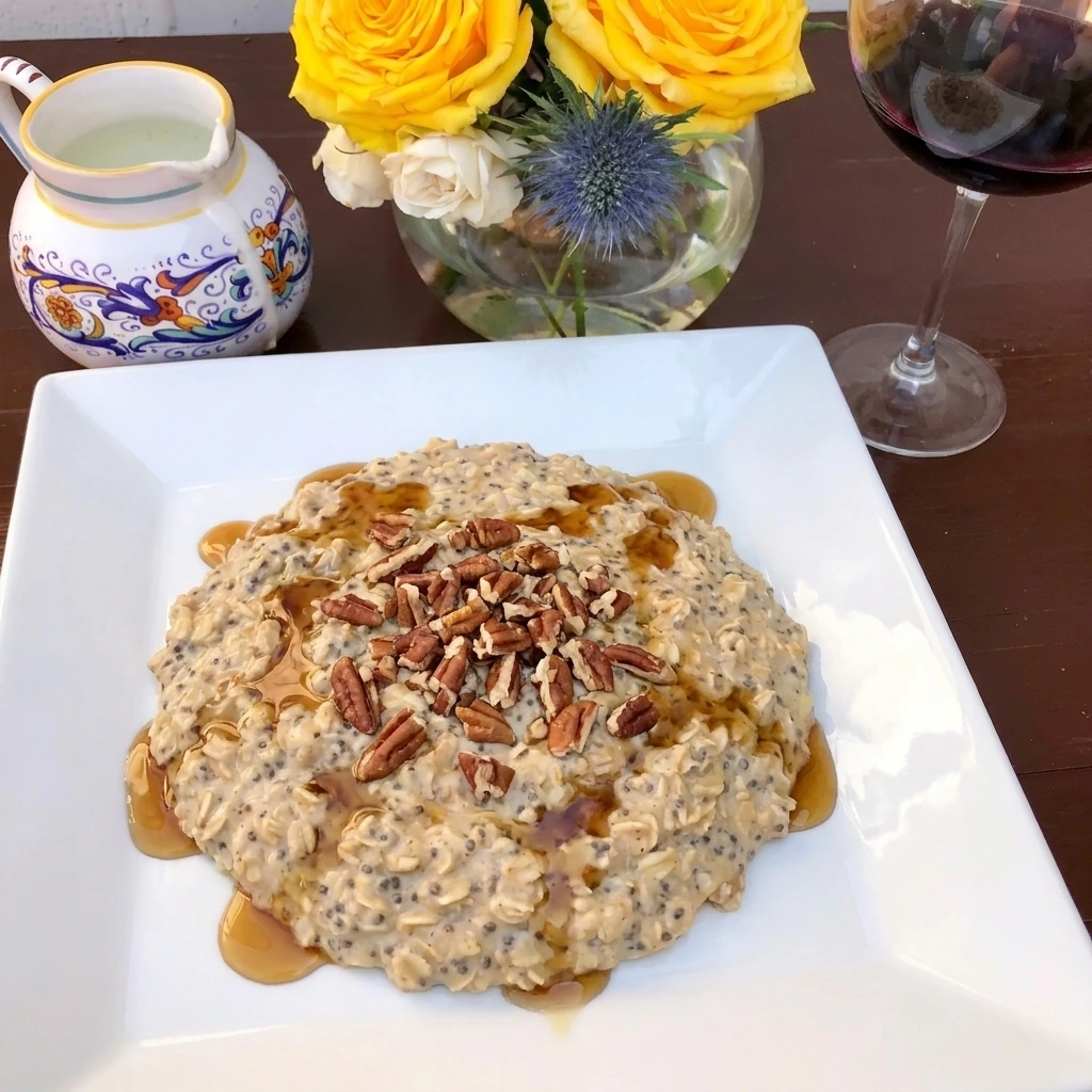 Finished Maple Brown Sugar Overnight Oats with pecans and maple drizzle