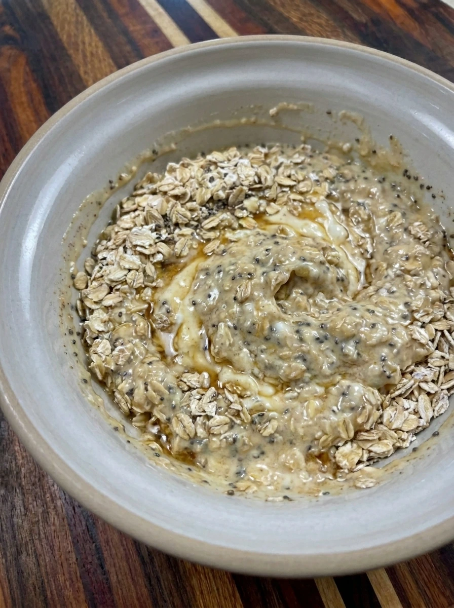 Rolled oats and chia seeds folded into maple brown sugar mixture