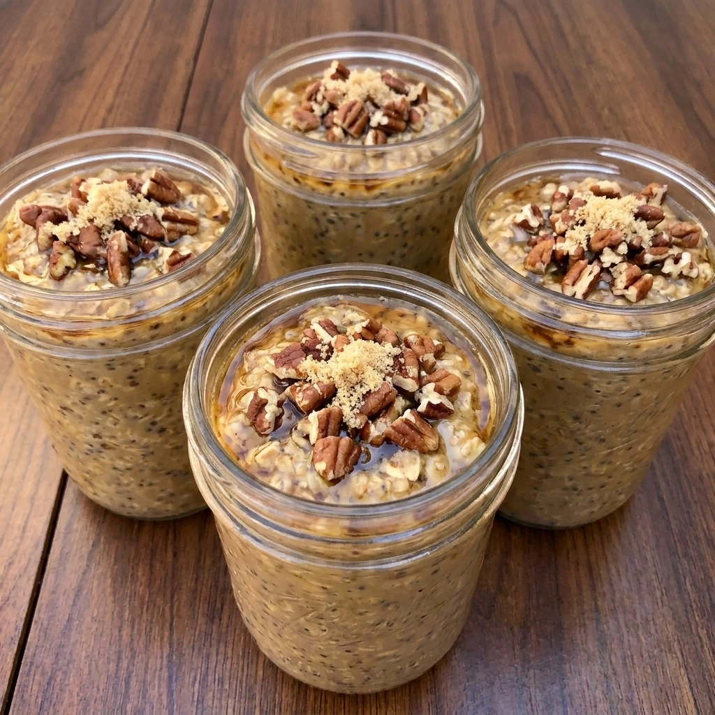 Maple Brown Sugar Overnight Oats in jars with pecans and maple drizzle