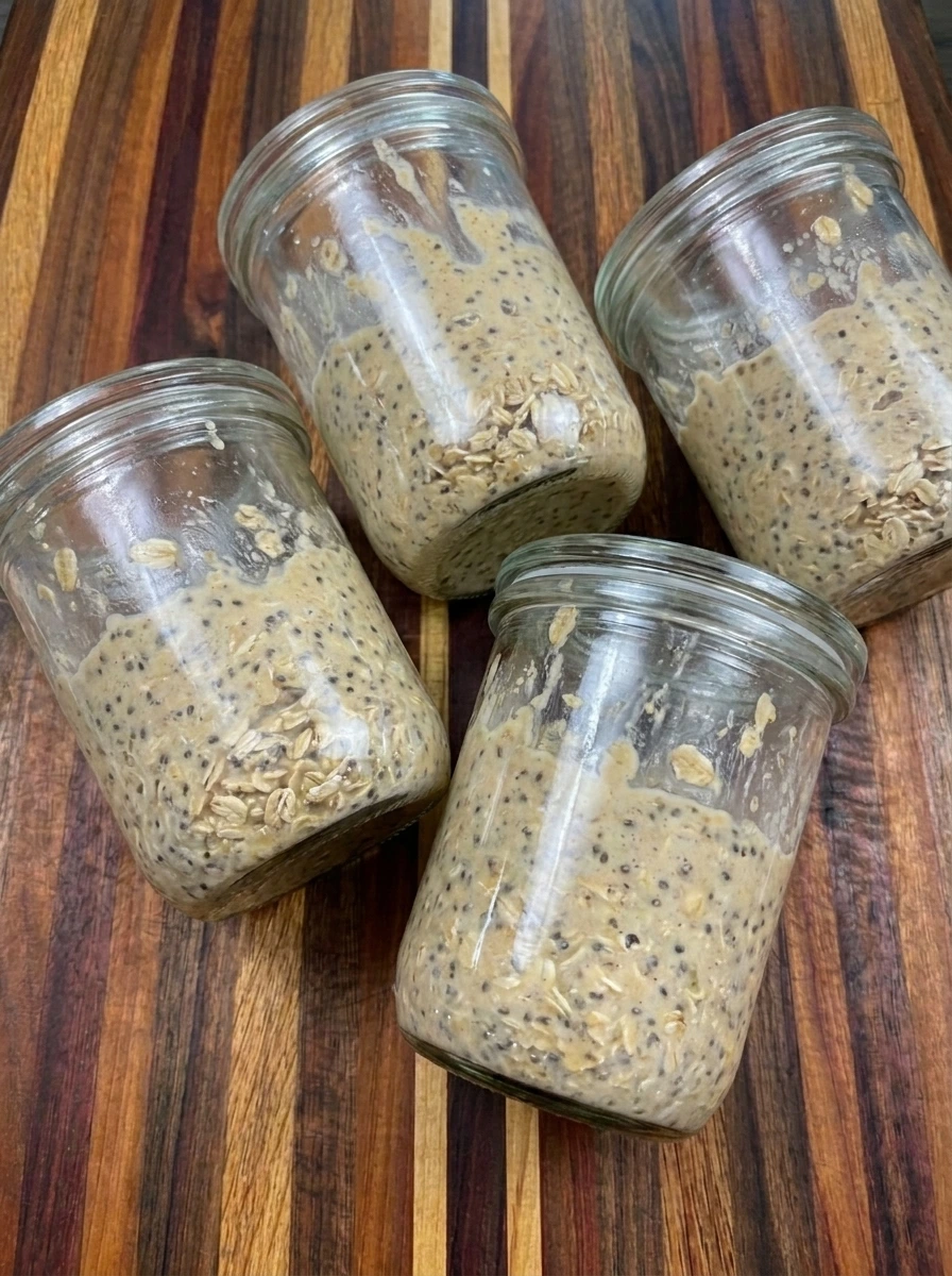 Maple Brown Sugar Overnight Oats spooned into four jars