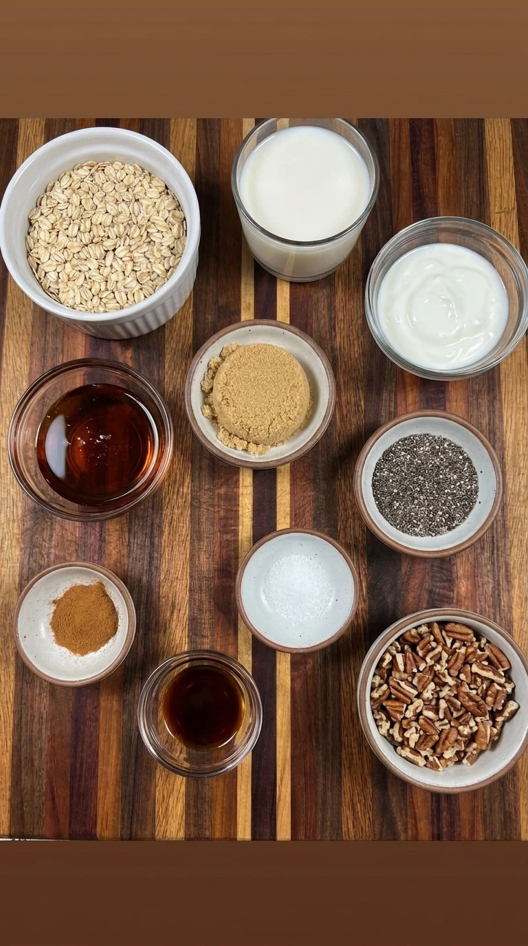Ingredients for Maple Brown Sugar Overnight Oats in separate small containers