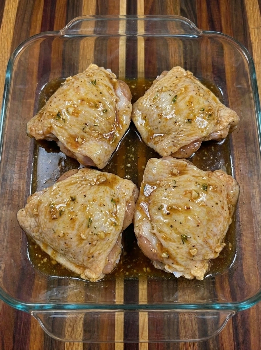 Coated chicken thighs arranged in a baking dish
