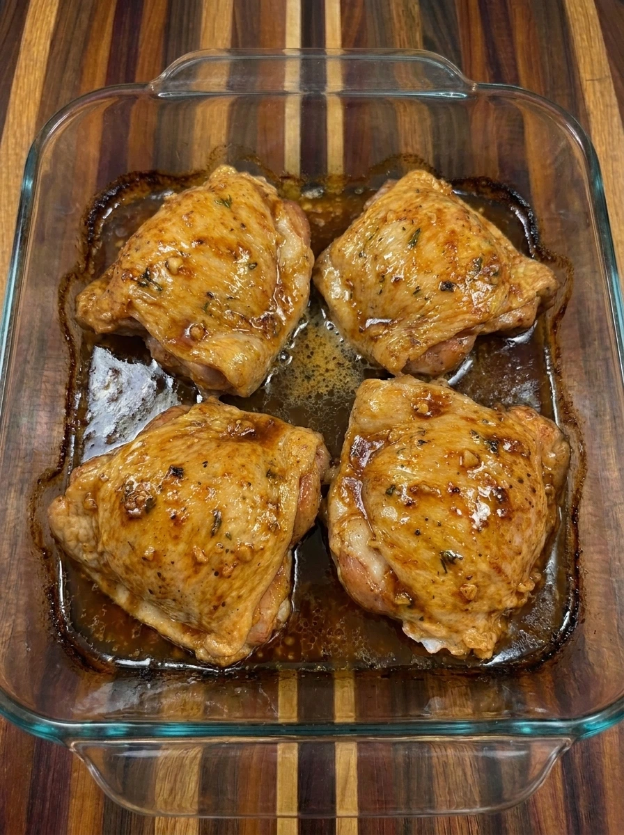 Fully baked Maple Dijon Chicken Thighs with browned skin