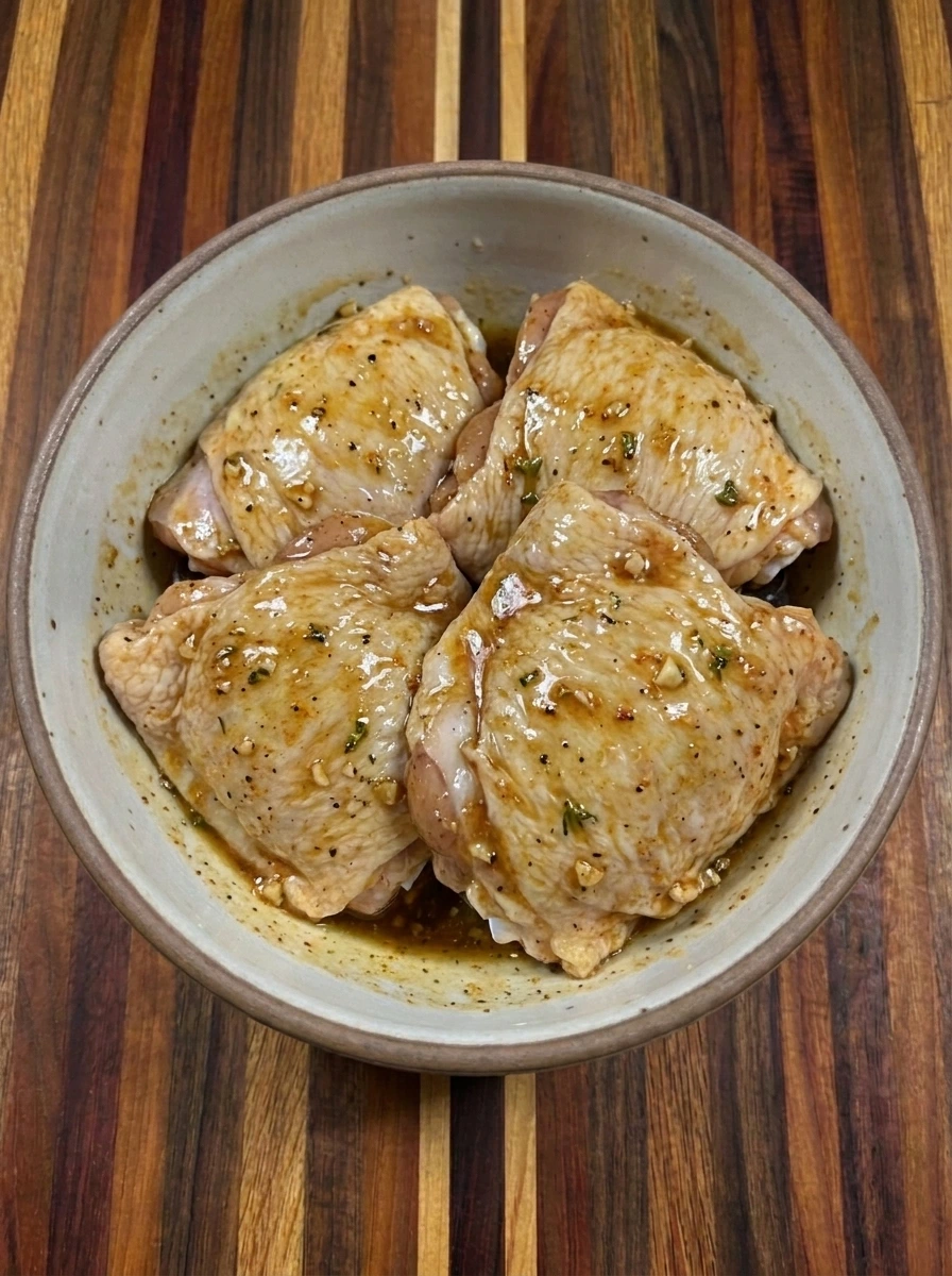 Four chicken thighs coated in maple Dijon glaze