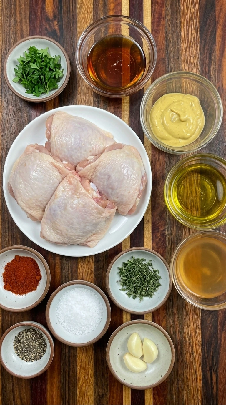 Raw ingredients for Maple Dijon Chicken Thighs in separate containers