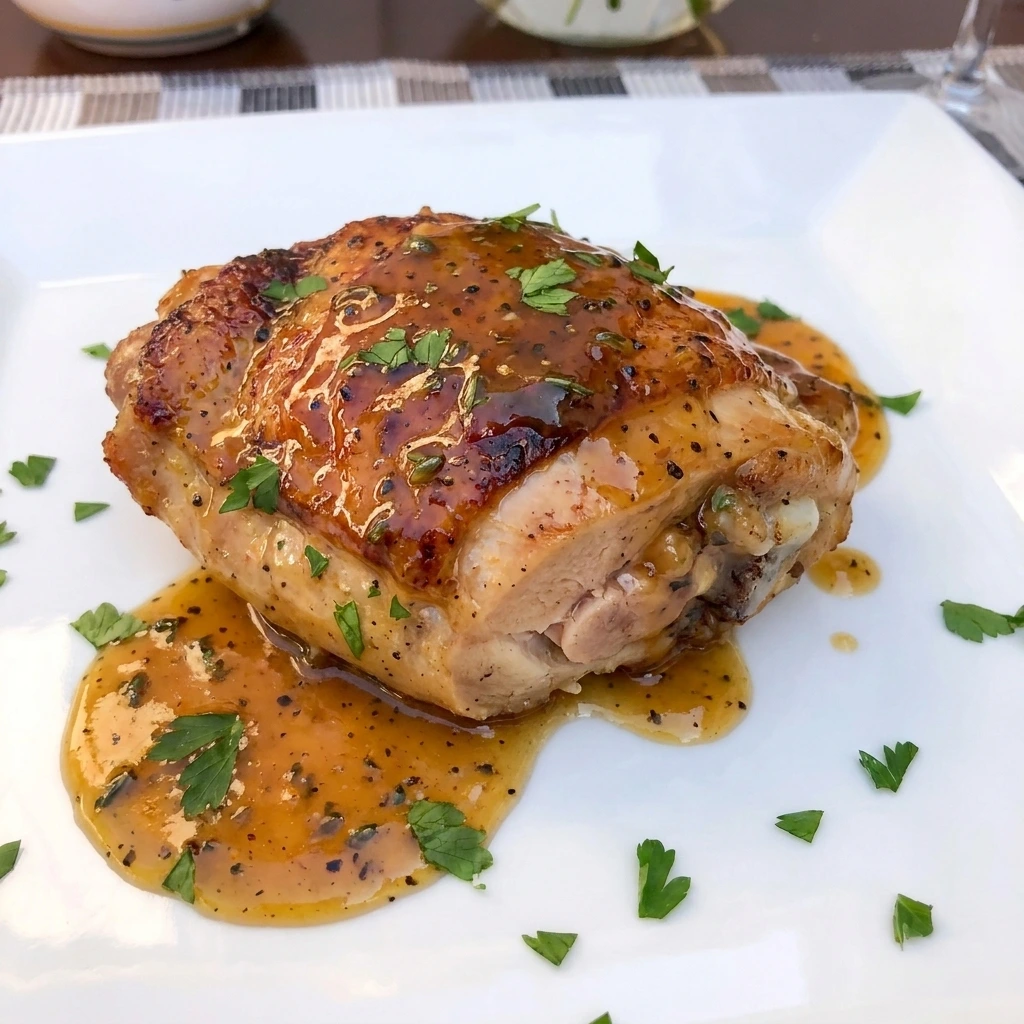 Single serving of Maple Dijon Chicken Thighs with glossy glaze