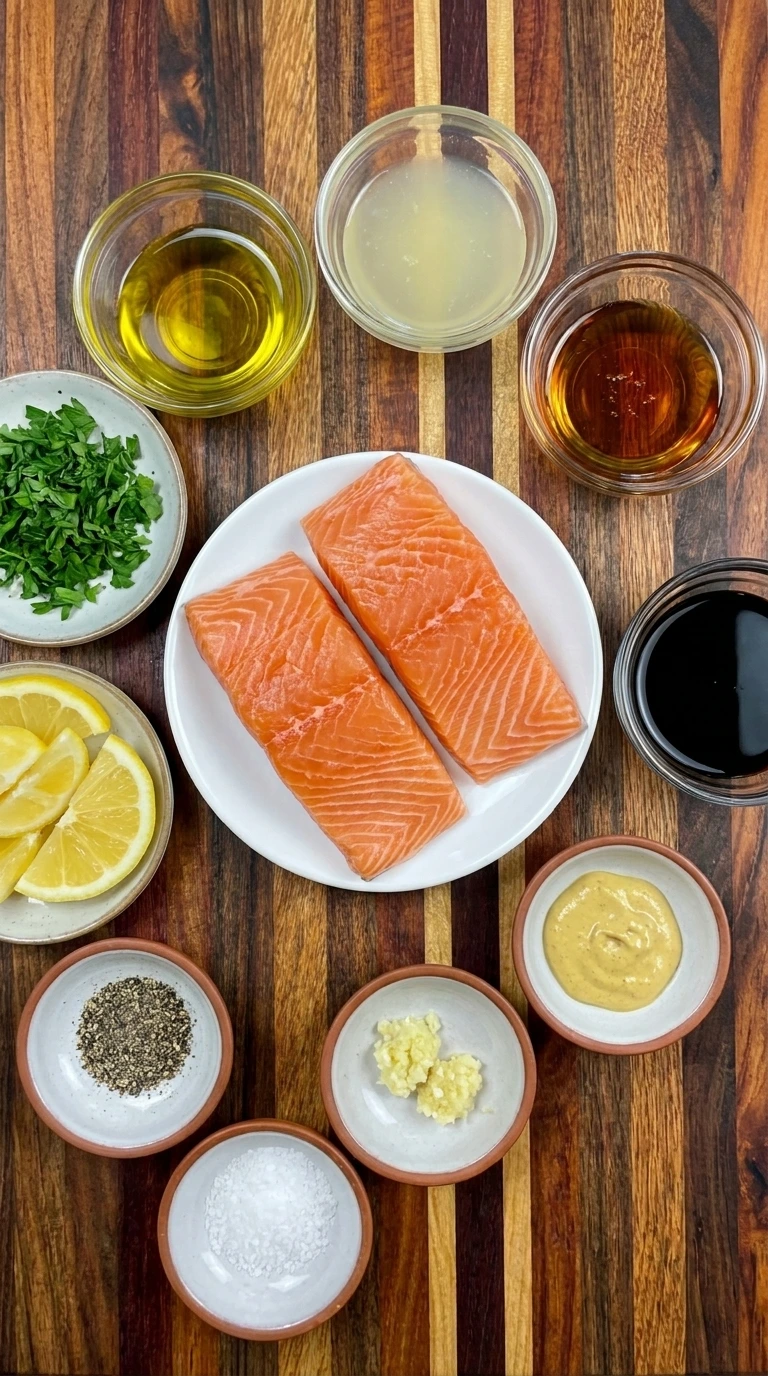 Ingredients for Maple Glazed Salmon arranged in separate small containers