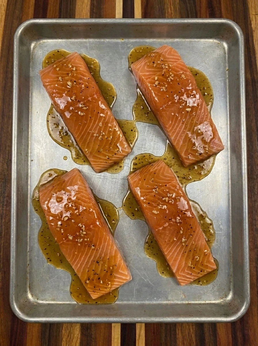 Four salmon fillets coated with maple glaze before baking
