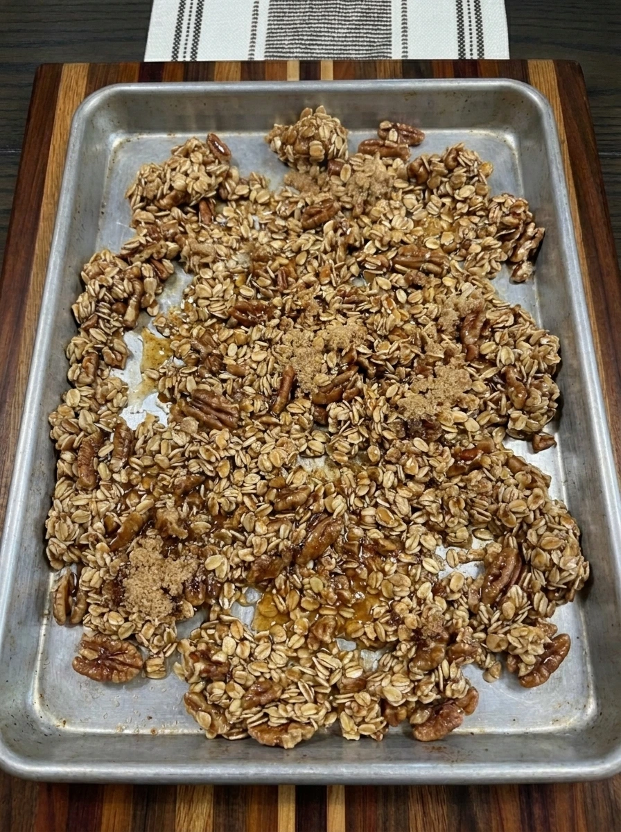 Maple Pecan Granola spread on a baking tray before baking