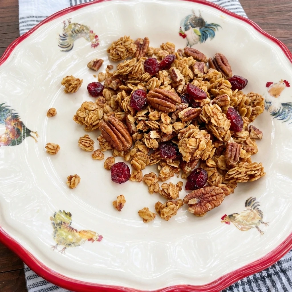 Single serving of Maple Pecan Granola on a white plate