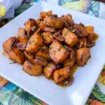 Maple Pecan Roasted Sweet Potatoes with toasted pecans and caramelized edges