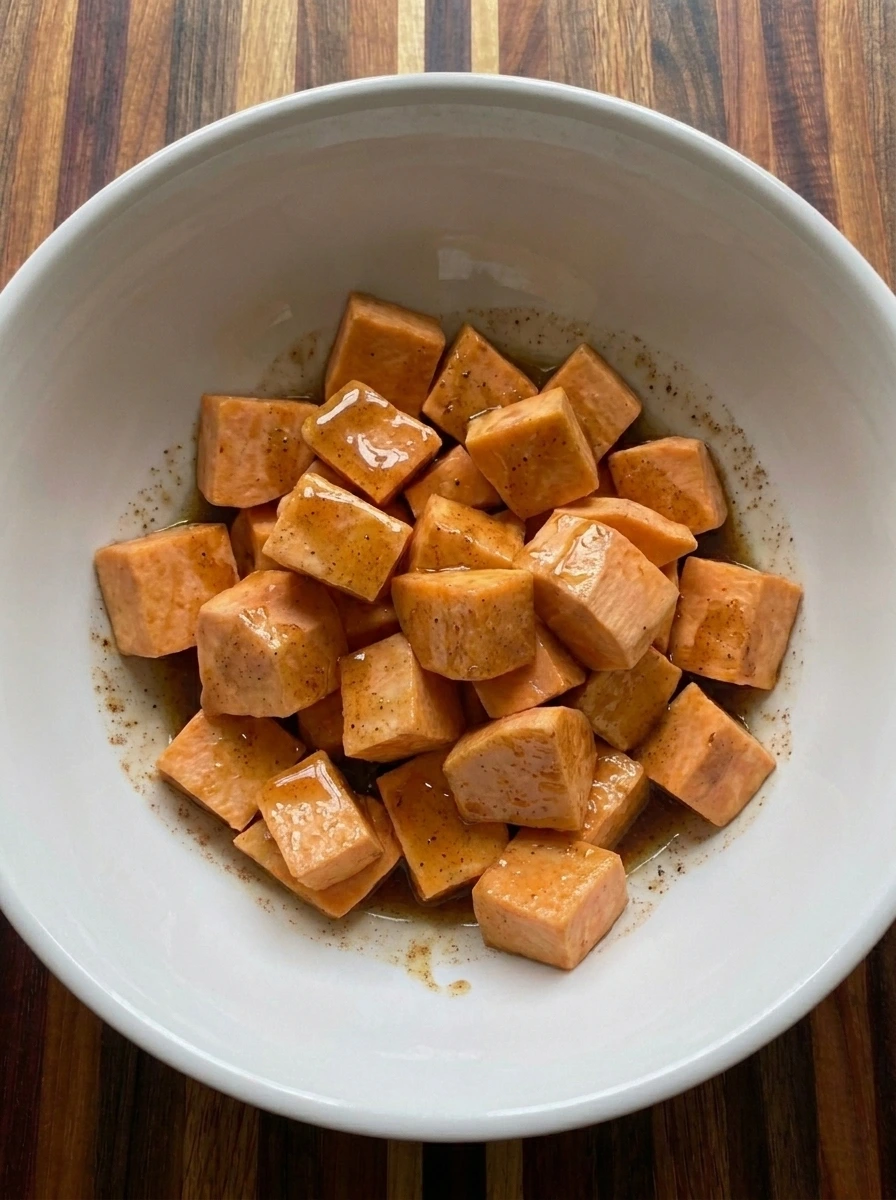 Sweet potatoes coated with maple glaze for Maple Pecan Roasted Sweet Potatoes
