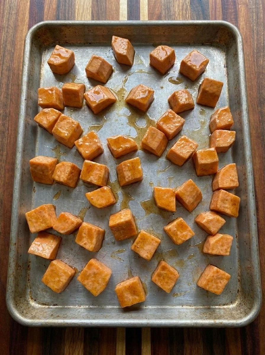 Maple glazed sweet potatoes spread on a sheet pan before roasting