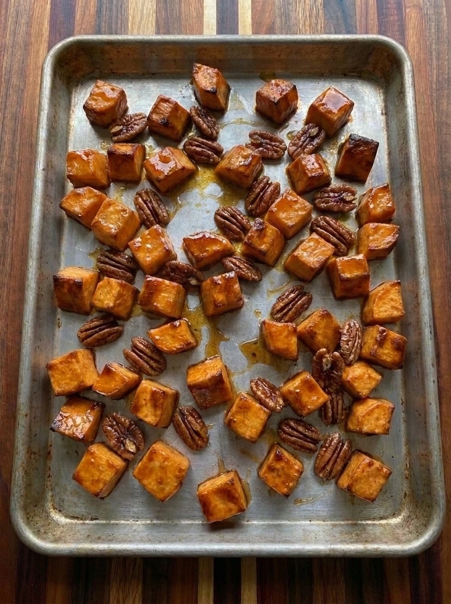 Pecans added to roasted sweet potatoes for Maple Pecan Roasted Sweet Potatoes